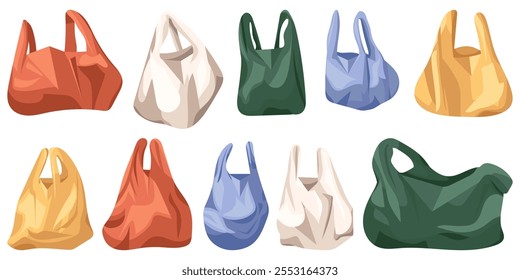 Flat Illustration of plastic bag isolated on white background. Plastic shopping bags set. Empty disposable packages for supermarket and garbage. Used packs, packets for purchase and groceries.