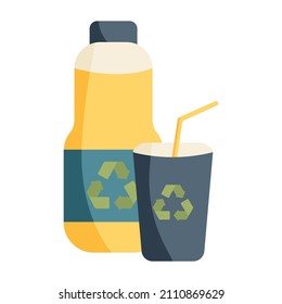 Flat illustration of plastic bottle and cup for recycling.
