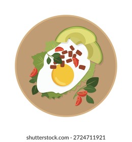 Flache Illustration eines Tellers mit gebratenem Ei, Avocado, Speck und Gemüse auf braunem Teller auf weißem Hintergrund.