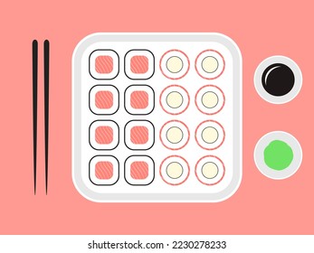 Ilustración plana de plato con rollos de sushi, wasabi, salsa de soja y palillos. El sushi como símbolo de la comida asiática.