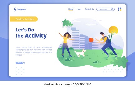 Flat illustration of play in city park with pets on the landing page, Let's do the outdoor activity