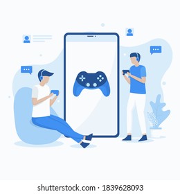 Flat illustration of playing mobile video games. Illustration for websites, landing pages, mobile applications, posters and banners.