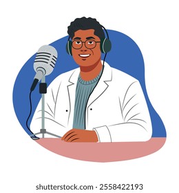 A flat illustration of a podcast host 
