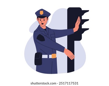 Ilustração plana de um policial dirigindo o trânsito em uma faixa de pedestres. O oficial está vestindo um uniforme e segurando uma placa de pare.