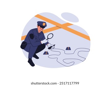 A flat illustration of a police officer investigating a crime scene, using a magnifying glass near numbered evidence markers and a chalk outline of a body, with police tape in the background.