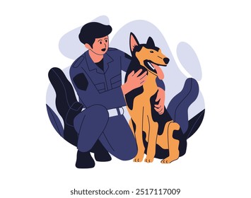 Uma ilustração plana de um policial ajoelhado ao lado de um cão farejador, mostrando cuidado e parceria. O policial parece atento enquanto o cão está calmo, simbolizando o vínculo entre eles.