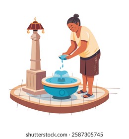 A flat illustration of poor lady taking water from public fountain 
