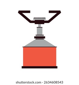 Ilustração plana de um fogão portátil a gás com um coletor de combustível vermelho. Representa equipamentos essenciais de cozinha ao ar livre para caminhadas, mochilas e aventuras na natureza.