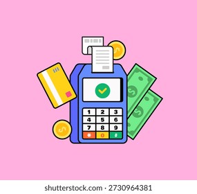 Flat illustration of a POS terminal surrounded by credit card, cash, coins, and receipt for digital payment, retail, finance, and transaction success concepts in cartoon hand drawn style