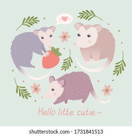 Flat illustration of  possums. Cute animal vector. Adorable opossum picture. Kids design for fabric, textile, decor, cloth, prints.