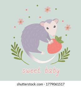 Flat illustration of  possums. Cute animal vector. Adorable opossum picture. Kids design for fabric, textile, decor, cloth, prints.