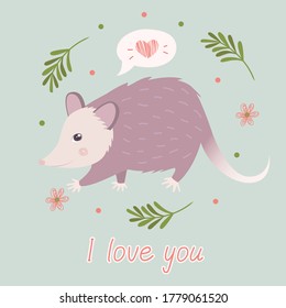 Flat illustration of  possums. Cute animal vector. Adorable opossum picture. Kids design for fabric, textile, decor, cloth, prints.