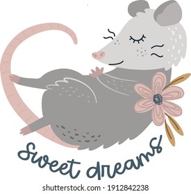 Flat illustration of possums. Cute animal vector. Adorable opossum picture. Kids design for fabric, textile, decor, cloth, prints.