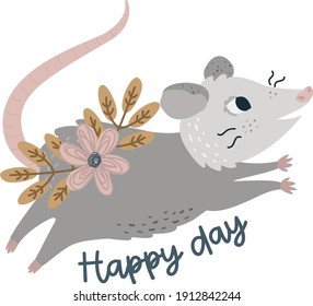 Flat illustration of possums. Cute animal vector. Adorable opossum picture. Kids design for fabric, textile, decor, cloth, prints.