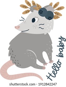 Flat illustration of possums. Cute animal vector. Adorable opossum picture. Kids design for fabric, textile, decor, cloth, prints.