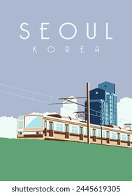 flat illustration poster of electric train and city of seoul in korea