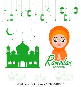 flat illustration poster ramadan design with ramadan kareem cartoon character background