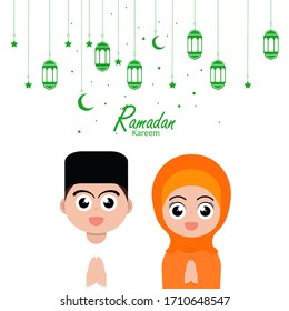 flat illustration poster ramadan design with ramadan kareem cartoon character background