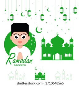 flat illustration poster ramadan design with ramadan kareem cartoon character background
