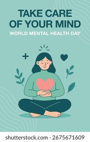 Cartel de ilustración plana para el Día Mundial de la Salud Mental, mujer meditando con el corazón, tonos verdes pastel, símbolos de salud mental.