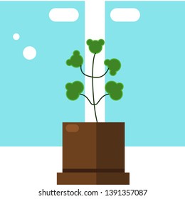 flat illustration of a pot with a flower in front of the window