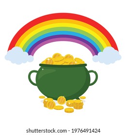 Flat illustration Pot of gold coins with rainbow