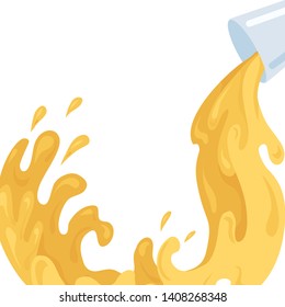 Flat illustration of pouring juice from a cup. Nectar flow. Streams and drops of juicy water. Vector element for menu, articles and your design.