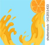 Flat illustration of pouring juice from a slice of orange. Nectar flow. Streams and drops of juicy water. Vector element for menu, articles and your design.