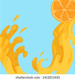 Flat illustration of pouring juice from a slice of orange. Nectar flow. Streams and drops of juicy water. Vector element for menu, articles and your design.