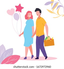 Flat Illustration Pregnant Belly Woman, Husband. Vector Happy Family, Married Couple, Future Parents Expecting Baby, Carry Bag Food, Fruits, Balloons, Heart, Star, Leaves, Parenthood