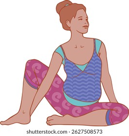 flat illustration of pregnant woman doing seated yoga twist for prenatal wellness