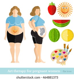 Flat illustration. Pregnant woman front and profile with baby and picture on belly for art therapy