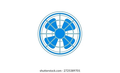 Una ilustración plana presenta un abanico azul estilizado sobre un fondo blanco. El diseño presenta líneas geométricas y Formas que crean la forma circular del ventilador y las cuchillas. Adecuado para proyectos comerciales que involucran conceptos de refrigeración, tecnología y energía, con uso potencial en gráficos publicitarios o informativos.