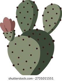 Flache Illustration eines stacheligen Birnenkaktus mit gepunkteten Pads und einer kleinen rosa Blüte