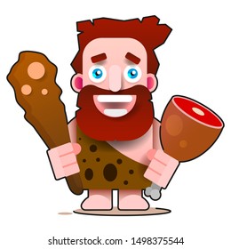 A Flat Illustration Of A Primitive Man. Flat Cartoon Vector Illustration. Food Flat Icon. Human Revolution.