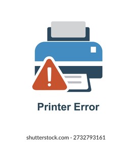 A flat illustration of a printer displaying an error warning symbol, representing printing issues, system malfunctions, or device alerts that require user attention or troubleshooting.