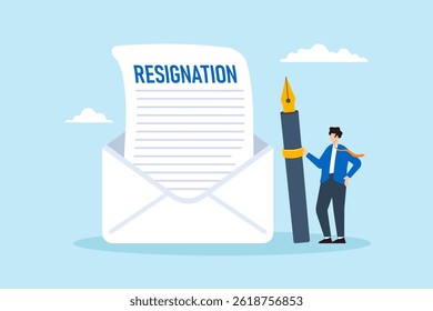 Flat illustration of professional businessman write resignation email with fountain pen career change quit job letter leave company