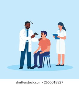 Flat illustration of professional doctor checking male patient’s throat while nurse takes notes, representing medical examination and ENT care.