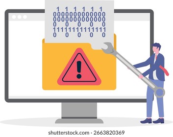 Ilustração plana do alerta de violação de dados de correção profissional de ti na interface virtual com erros críticos