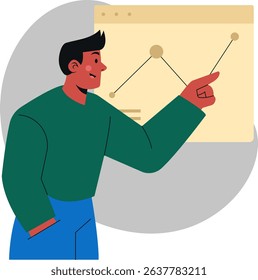 Flat Illustration of Professional Presenter Analyzing Data Trends on a Screen with Engaging Gestures for Audience Understanding