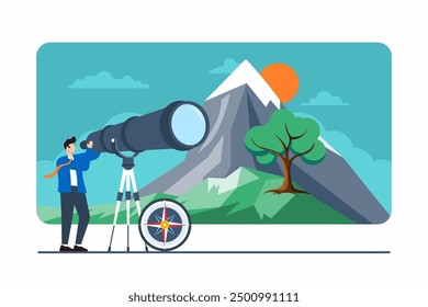 Flat illustration of professional using telescope to explore distant career opportunities and future prospects