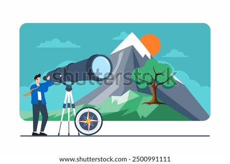 Flat illustration of professional using telescope to explore distant career opportunities and future prospects
