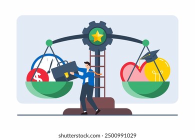 Flat illustration of professional weighing options on scale symbolizing career decision-making