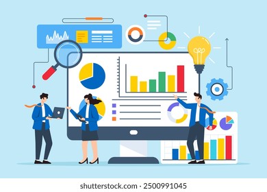 Flat illustration of professionals analyzing competitive data to find market solutions on computer screen