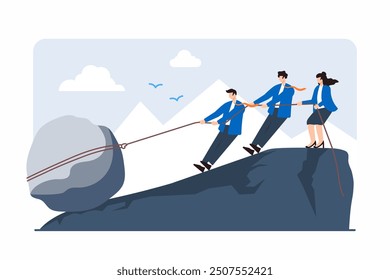 Flat illustration of professionals pulling heavy boulder uphill, symbolizing overcoming business challenges