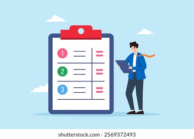 Flat illustration of project manager businessman organizing task by priority on clipboard work management planner