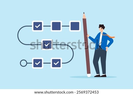 Flat illustration of project manager hold large pencil to check completed task tracking progress in project timeline