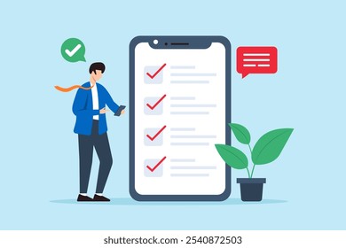 Ilustración plana del gerente de proyecto que marca la lista de comprobación del negocio de la garrapata en la pantalla del teléfono inteligente