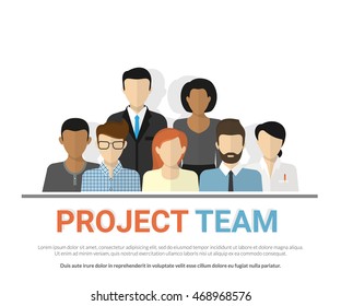 Flat illustration of project team. Business employee avatars of the teamwork, cooperation and career growth.