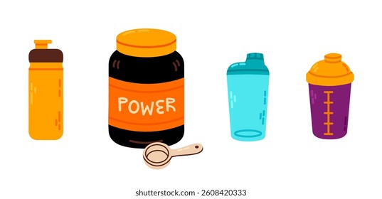Flat illustration of a protein powder jar, scoop, and colorful shaker bottles in cartoon style for gym and fitness concepts